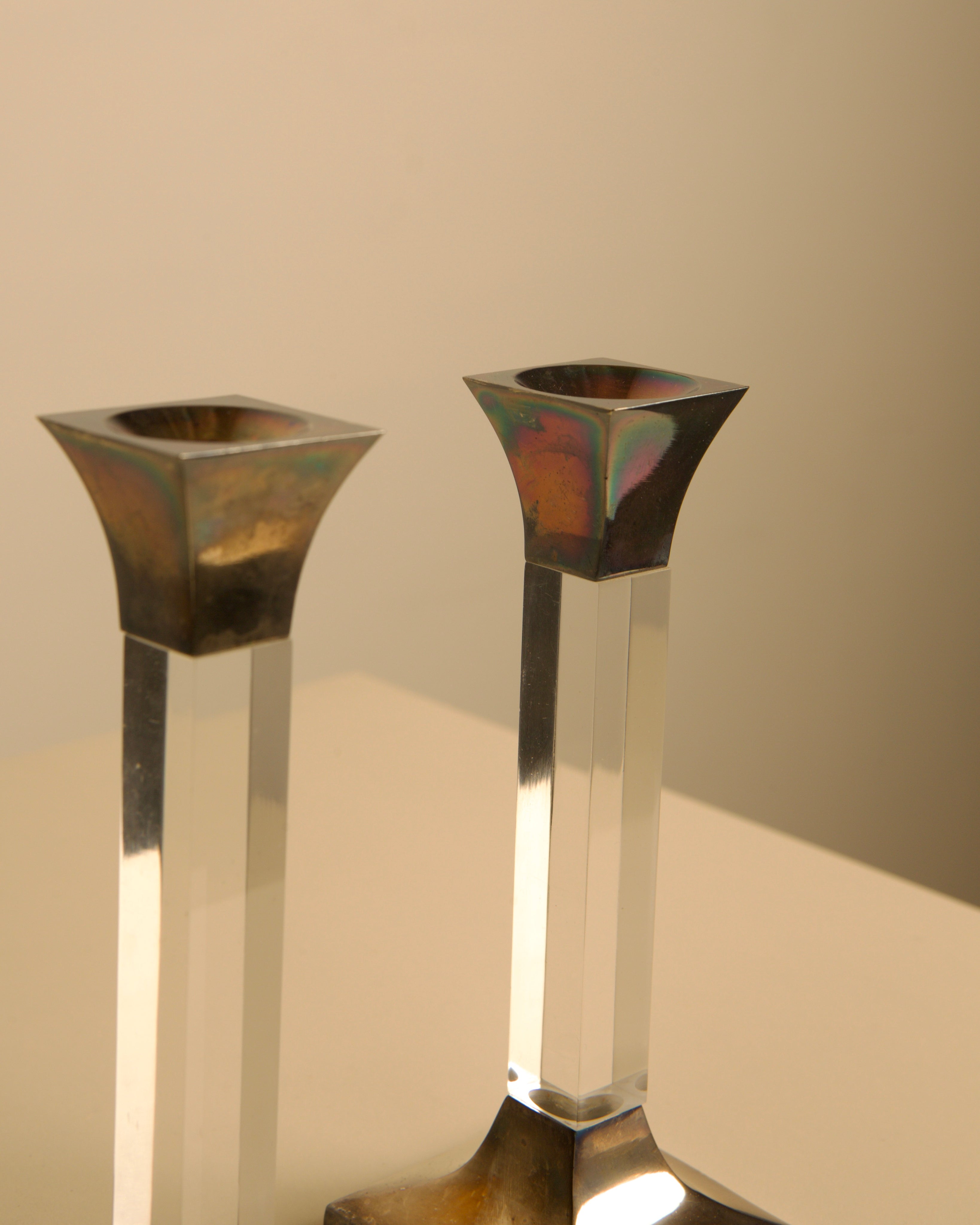 Pair of Italian Lucite and Silver Candleholders, 1960s