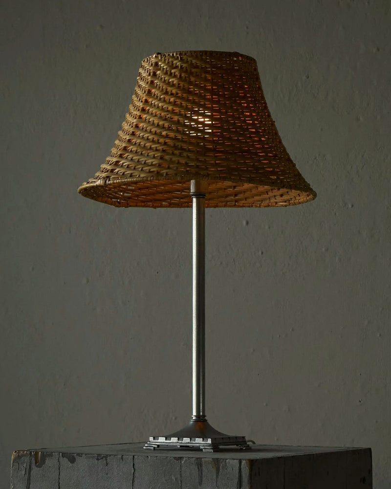 Swedish Grace Table Lamp with Rattan Shade, Sweden 1930s–1940s by ORNAMENTUM | The Oblist