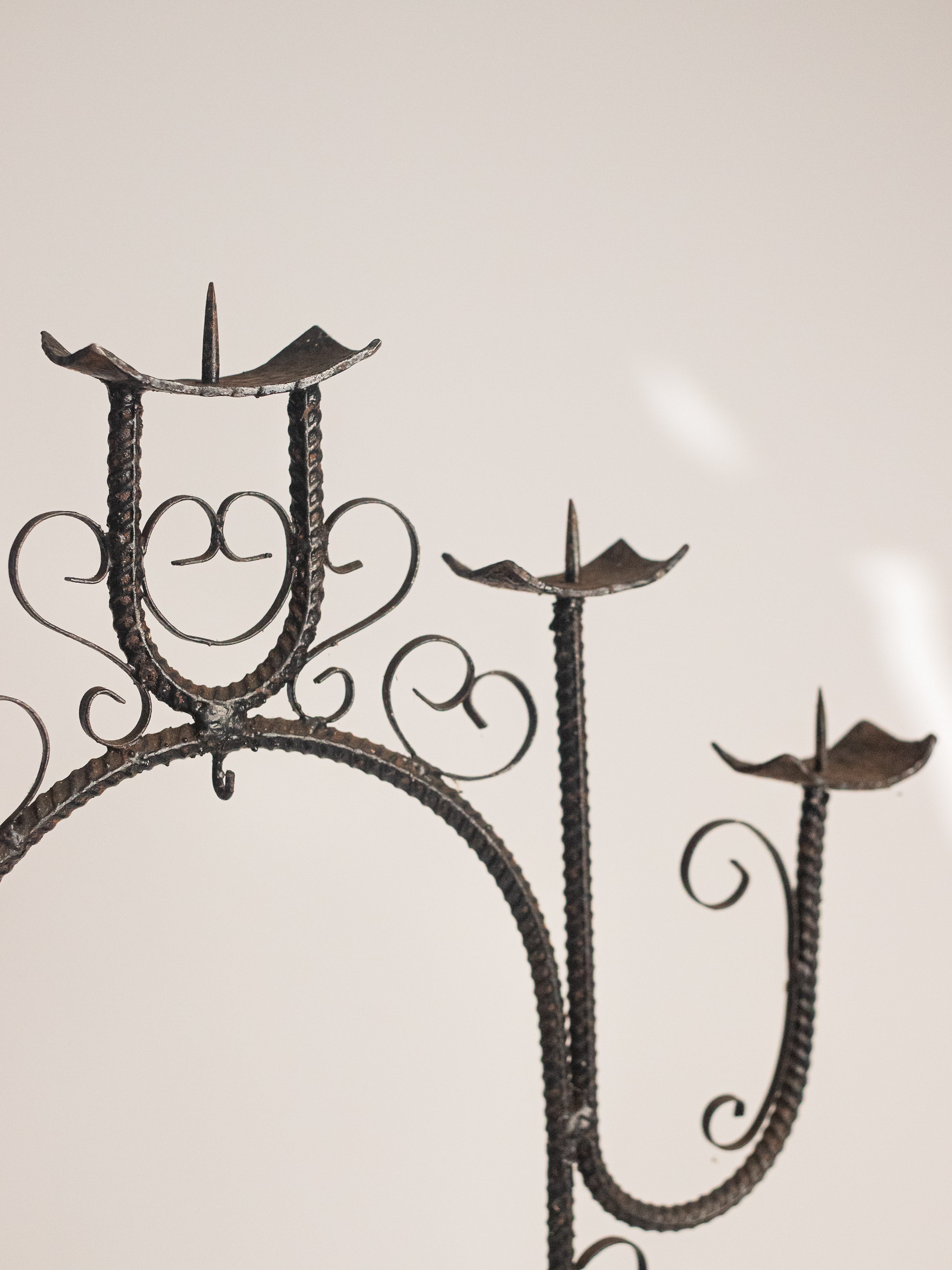 French Scroll Wrought Iron 5 Arm Candelabra — detail view