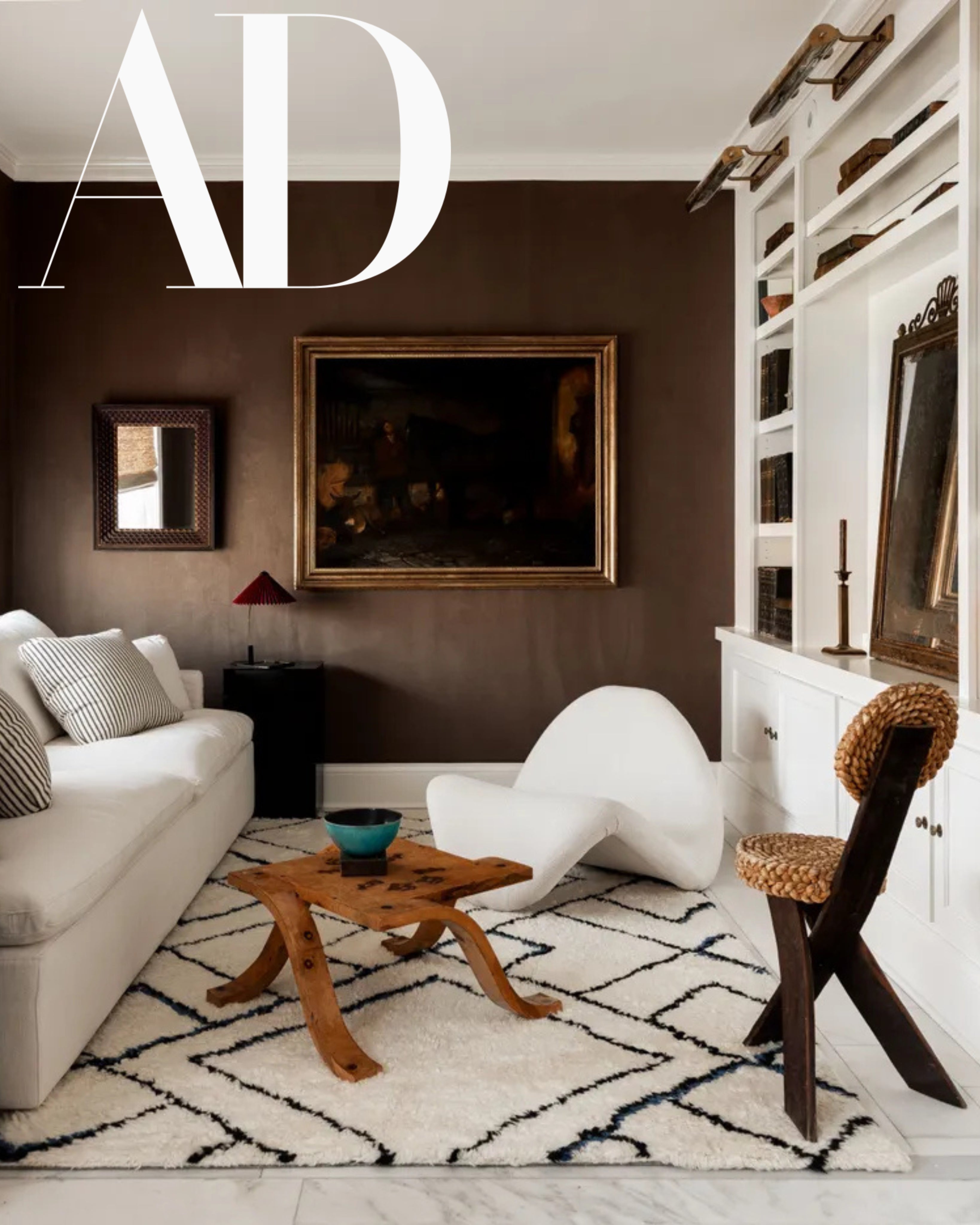 Marmont' Olive Burl Wood Coffee Table — side angle in modern living room setting