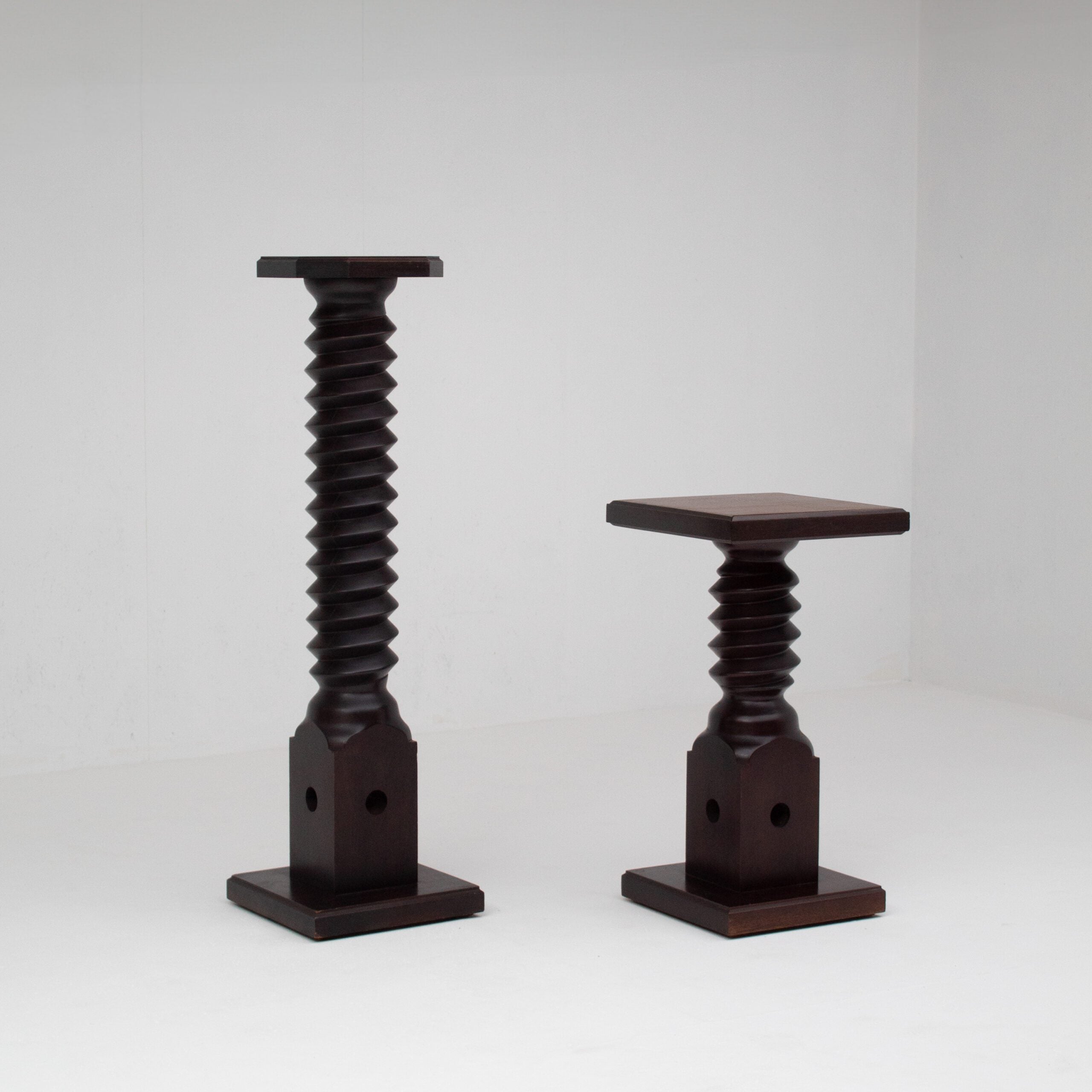 Vintage Wooden Pedestal Set in Stained Oak — side angle
