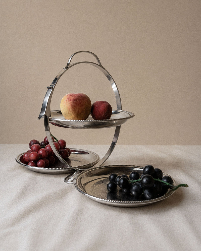 Vintage 1960s Folding Serving Tray Etagere, Three Engraved Stainless Steel Plates, Design by Carlo Alessi Mercury Series 898, Gift Idea by Bottega Jacobs