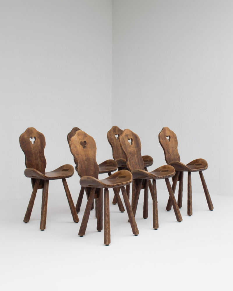 Set of 6 Brutalist Solid Wood Stools, 1970s by Malata Antwerp | The Oblist