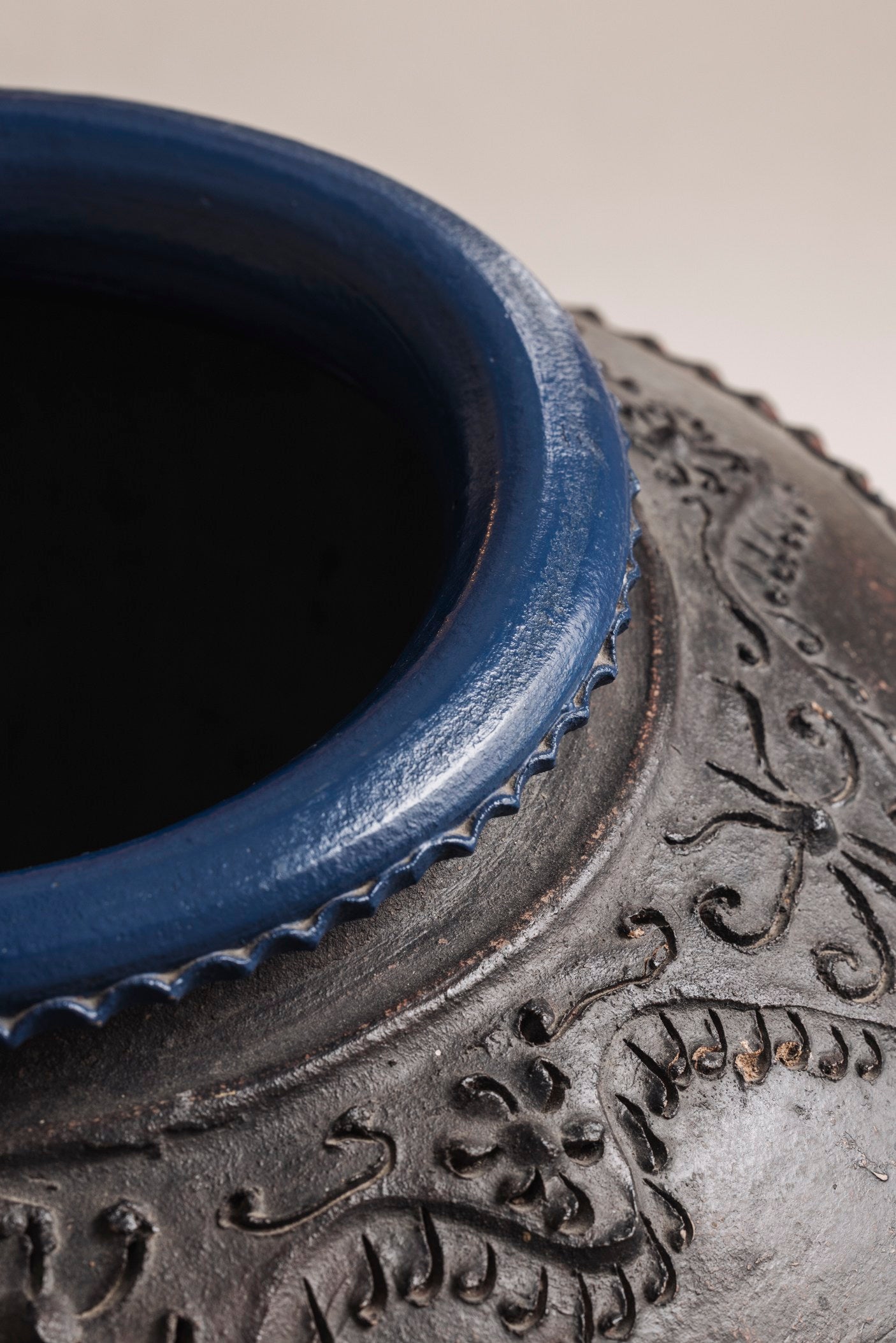 Monumental Ceramic Vase from French, 1950s — top view showing blue rim detail