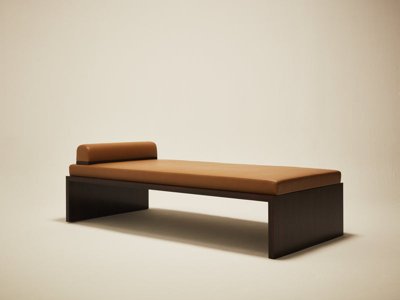 'Continuous' Daybed Handcrafted in Wood Veneer & Leather Upholstery — side angle