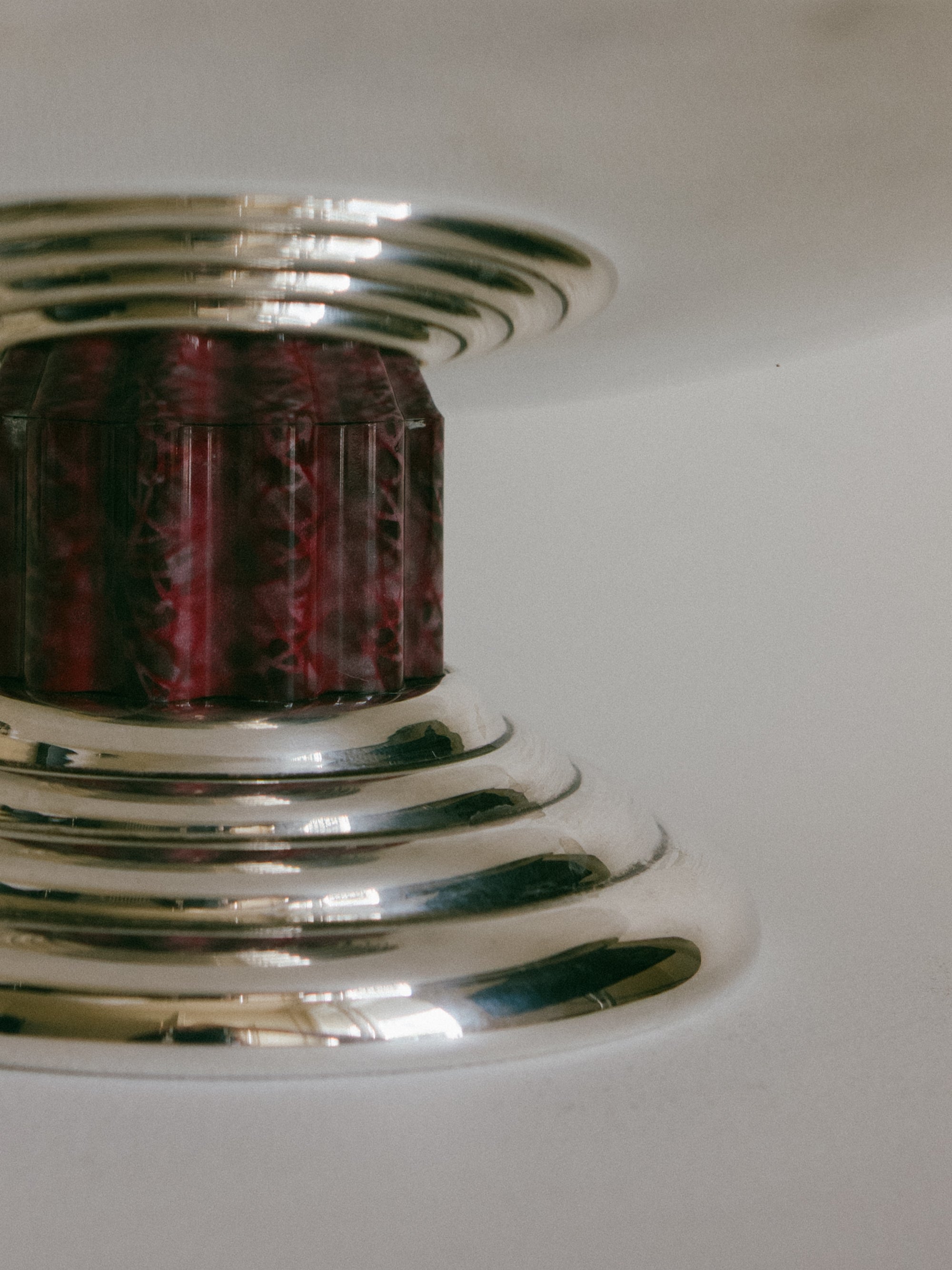 Jean Puiforcat Archival French Art Deco Silver-Plated and Red Lacquer Tazza Centerpiece — lifestyle setting