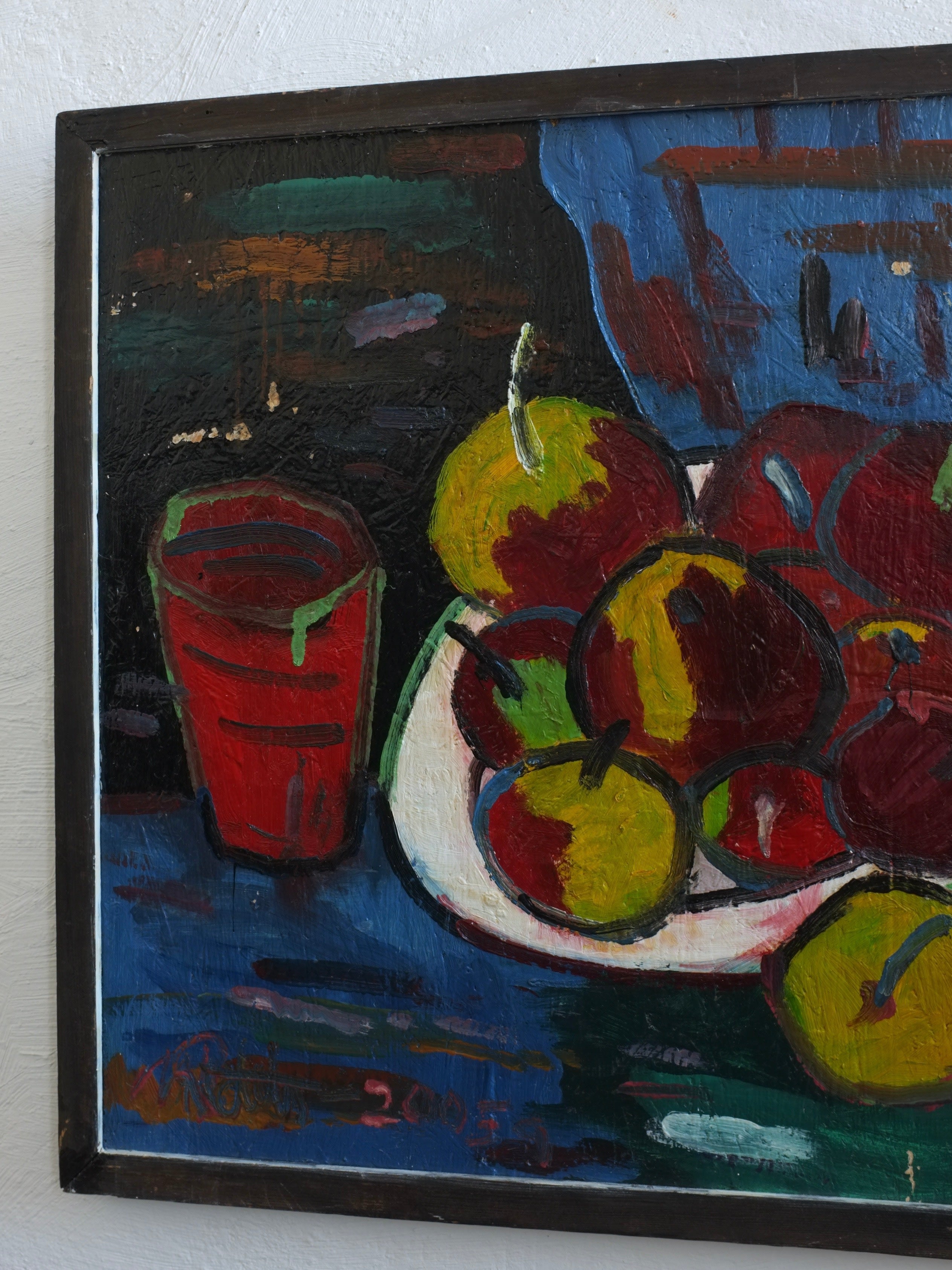Uldis Rēdelis Still Life Painting "With Red Vessel" | Latvia | 2005 — side angle showing red vessel and colorful apples