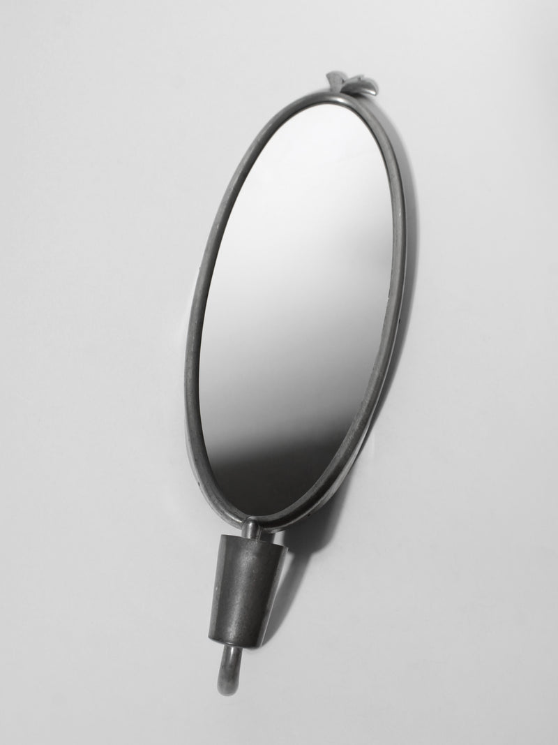 Art Deco Pewter Wall Mirror-Candle Holder, 1930s, Sweden — close-up of oval pewter frame