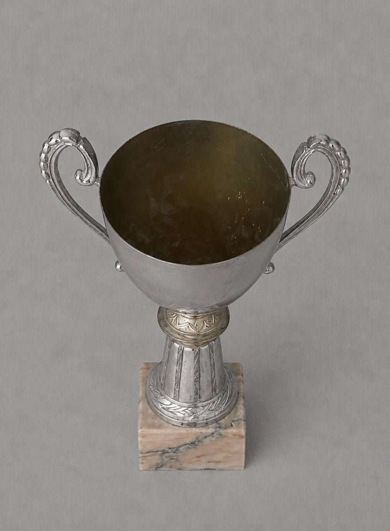 1950s Italian Vintage Metal & Marble Trophy Vase — side angle