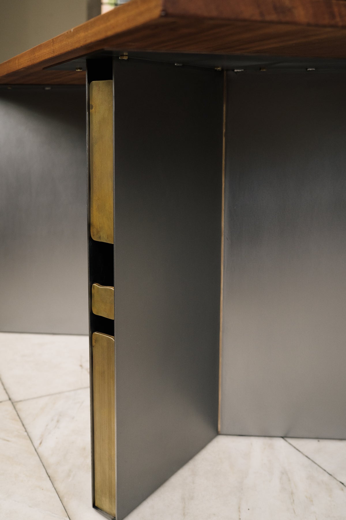 Relic Steel & Brass Table — side angle