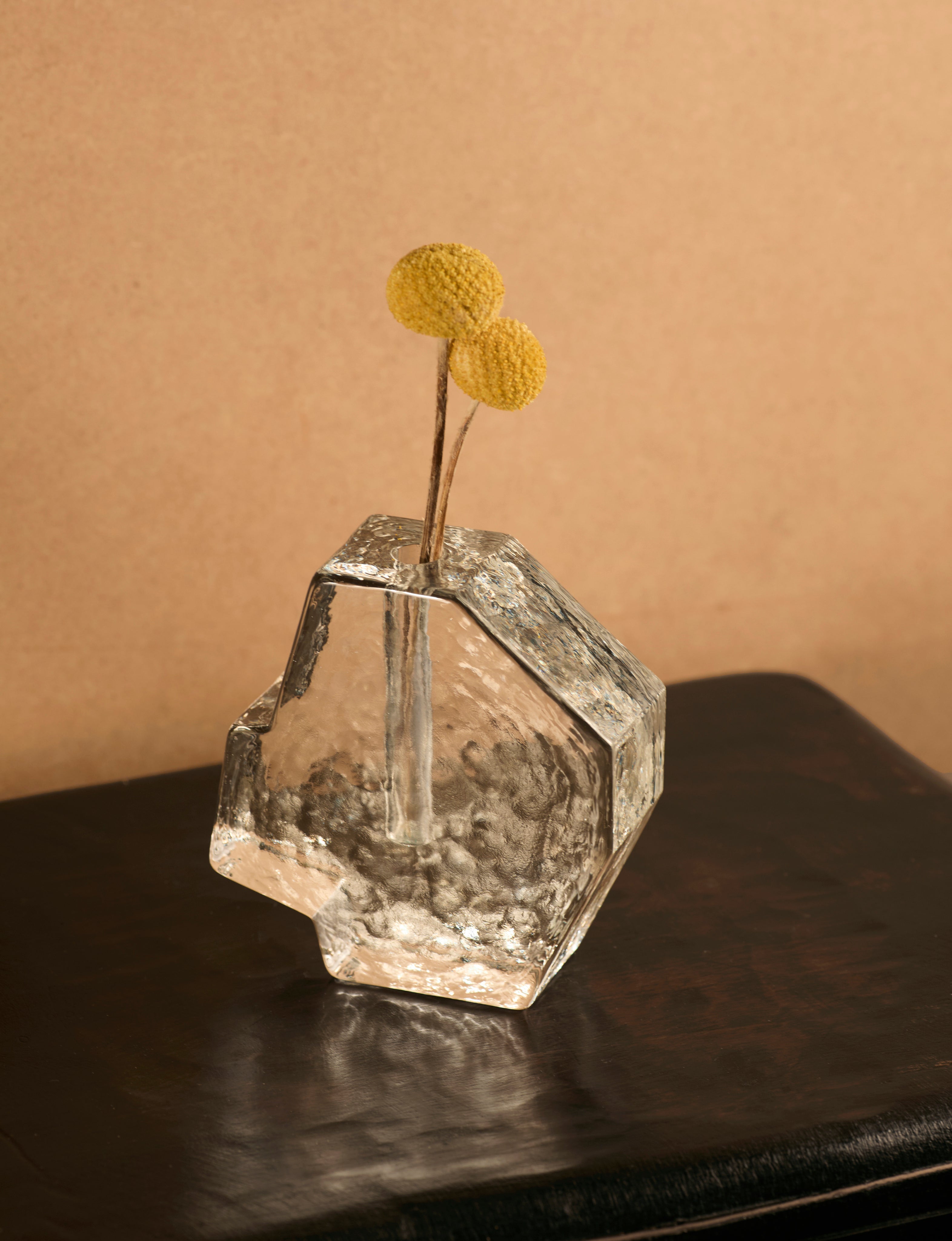 Vintage Scandinavian Clear Vase in Glass — side angle with yellow flower stems