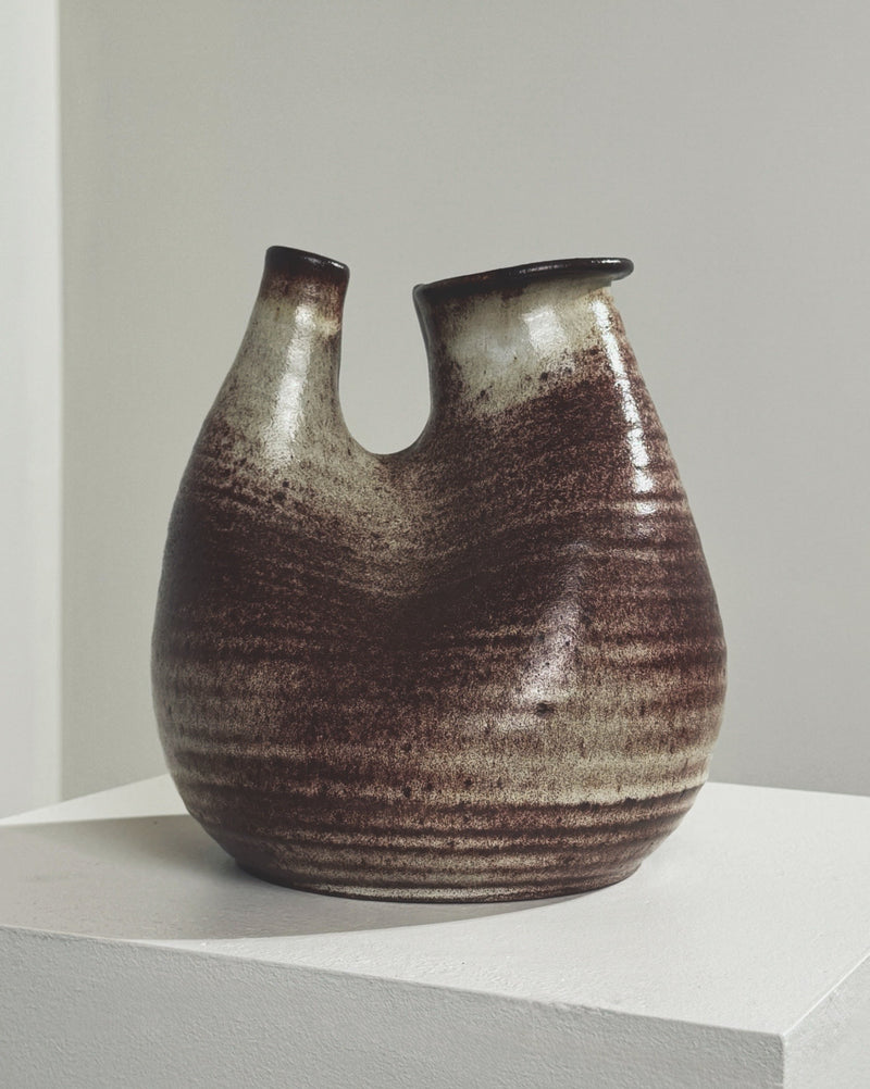 Zoomorphic ceramic vase with brown striped glaze by Accolay Potters