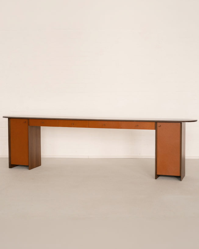 Artona Console by Afra & Tobia Scarpa for Maxalto — side view highlighting warm wood and orange doors