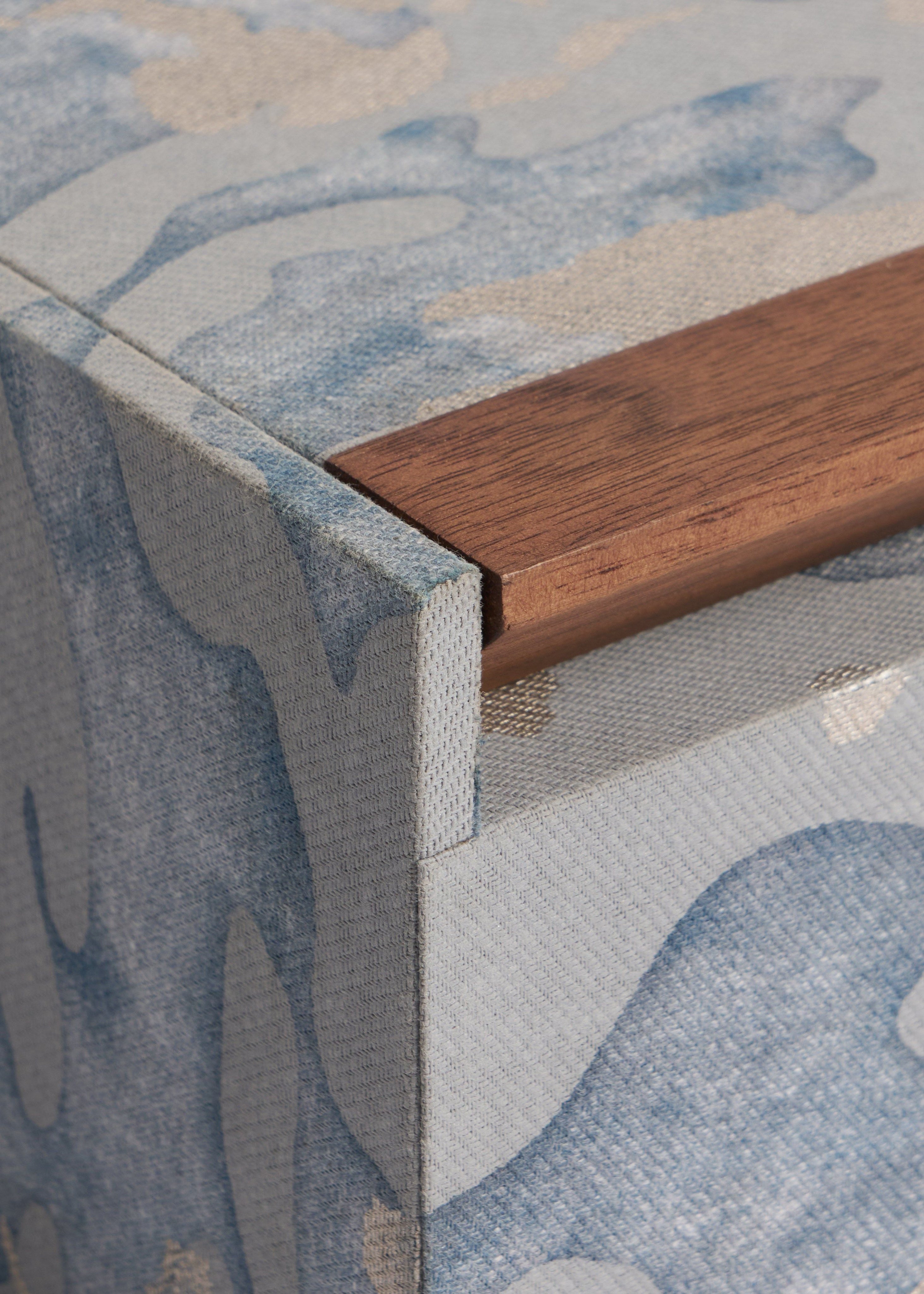 Fortuny Box - Camo Isole/Faded Blue — top view showing fabric texture and wood detail