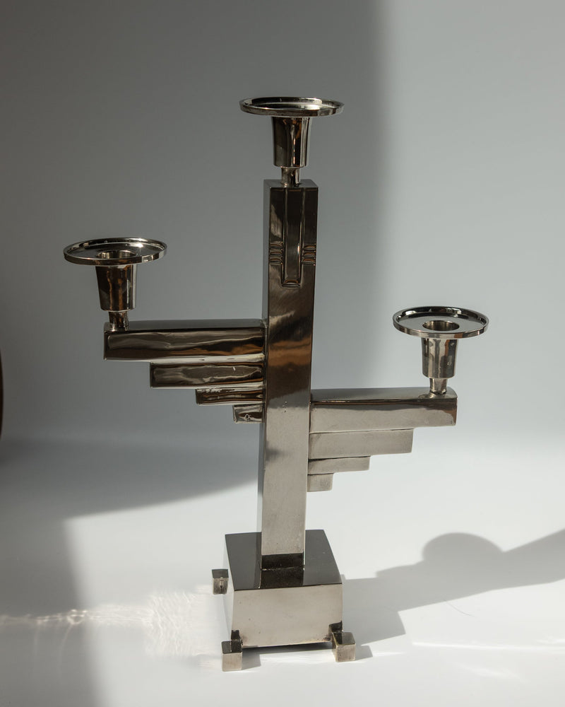 Bauhaus-Inspired Three-Arm Candelabra in Chrome-Plated Metal Germany, c. 1930 - 1950s — detail view