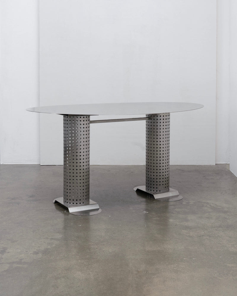 Postmodern Stainless Steel Dining Table, c.1980 by Tom Bogle | The Oblist — polished metal finish, modern design