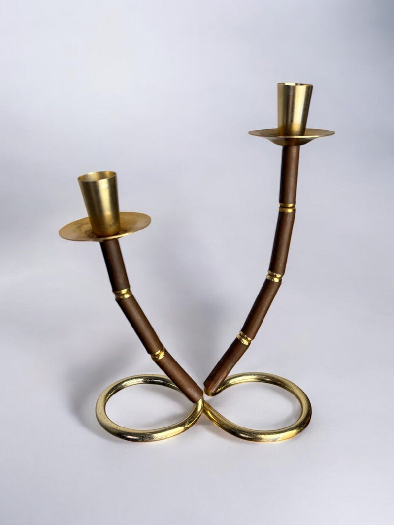 Faux Bamboo & Brass Candleholder, Italy, 1970s — close-up of brass candle cups and bamboo detail