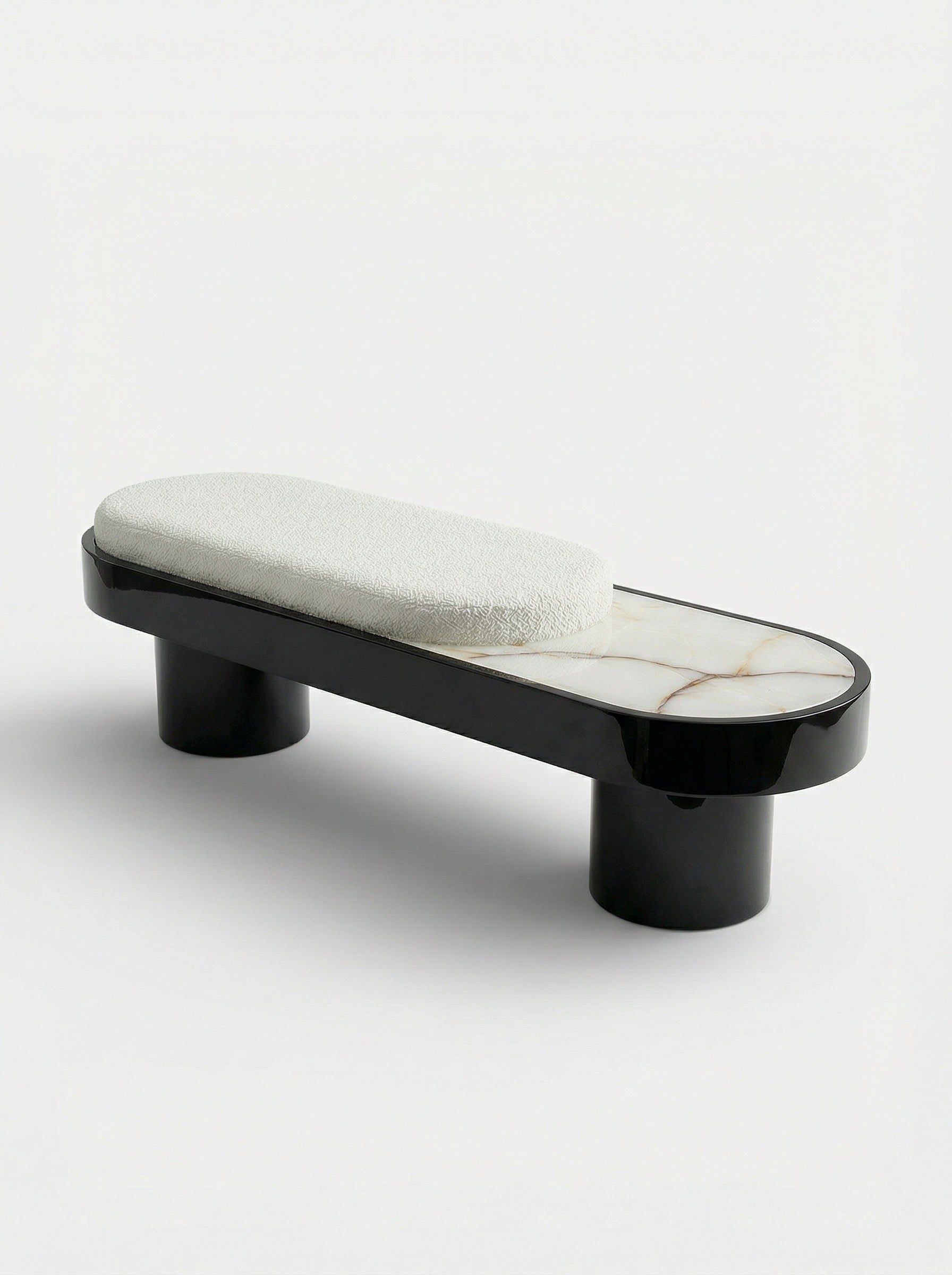 Noto Black Lacquered Wood With Shell Onyx Bench — angled view highlighting onyx top