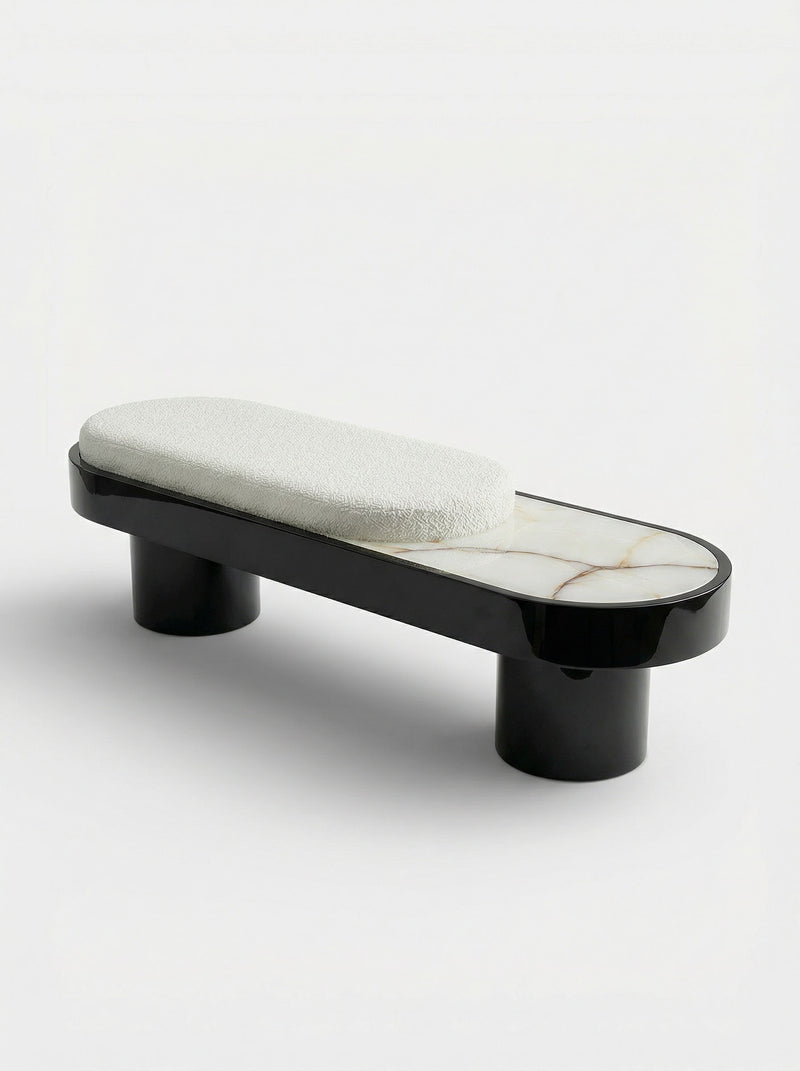 Noto Black Lacquered Wood With Shell Onyx Bench — detail view