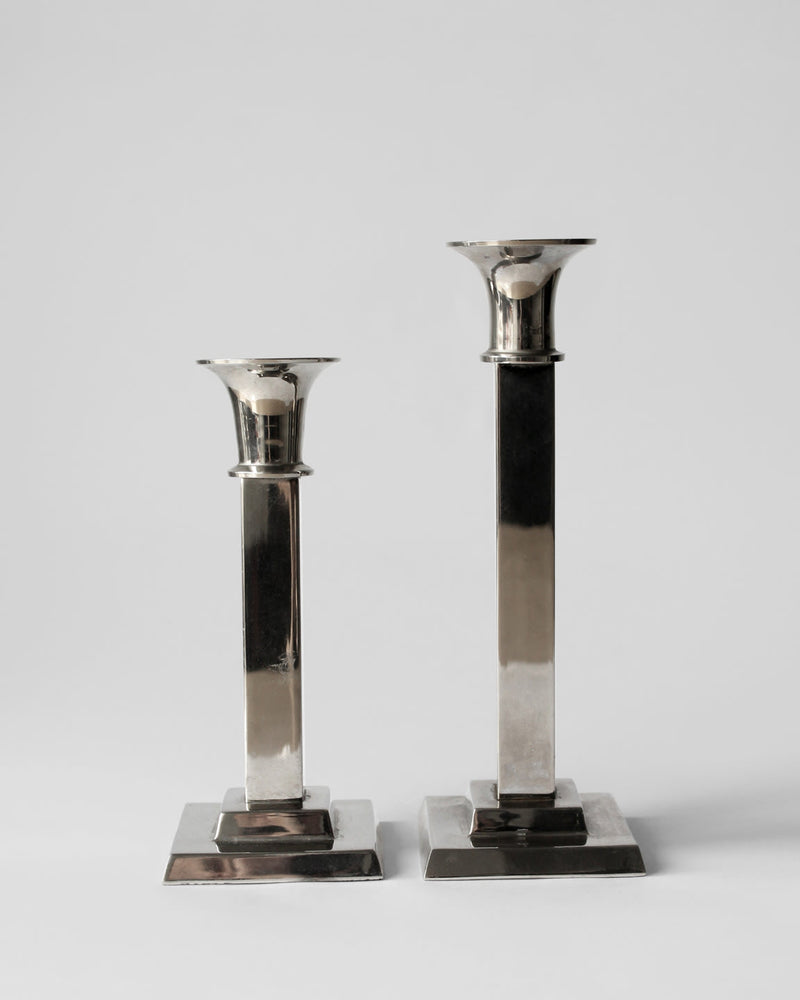 Art Deco silver plated candleholders set of two different heights