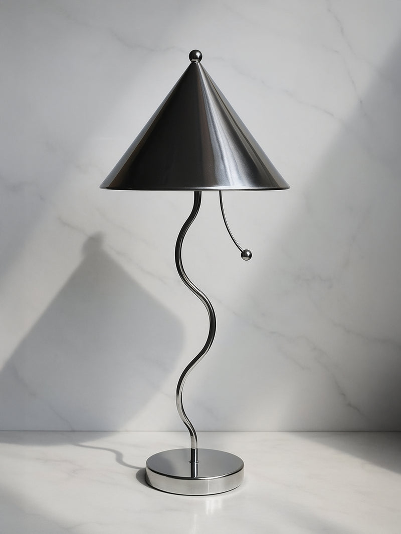Postmodern chrome table lamp with conical shade and wavy stem