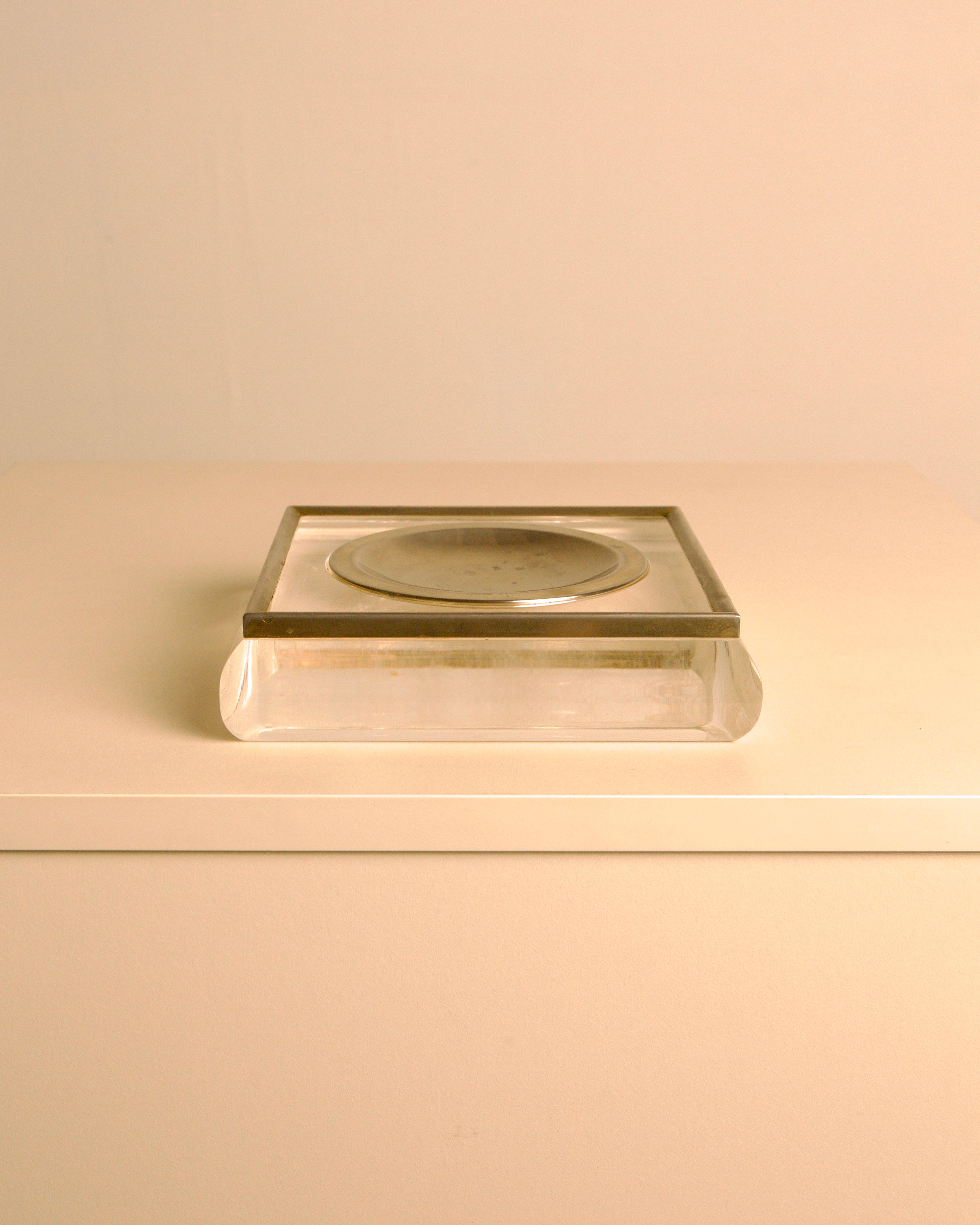 Italian square Plexiglas and metal catch-all tray, 1960s — detail view