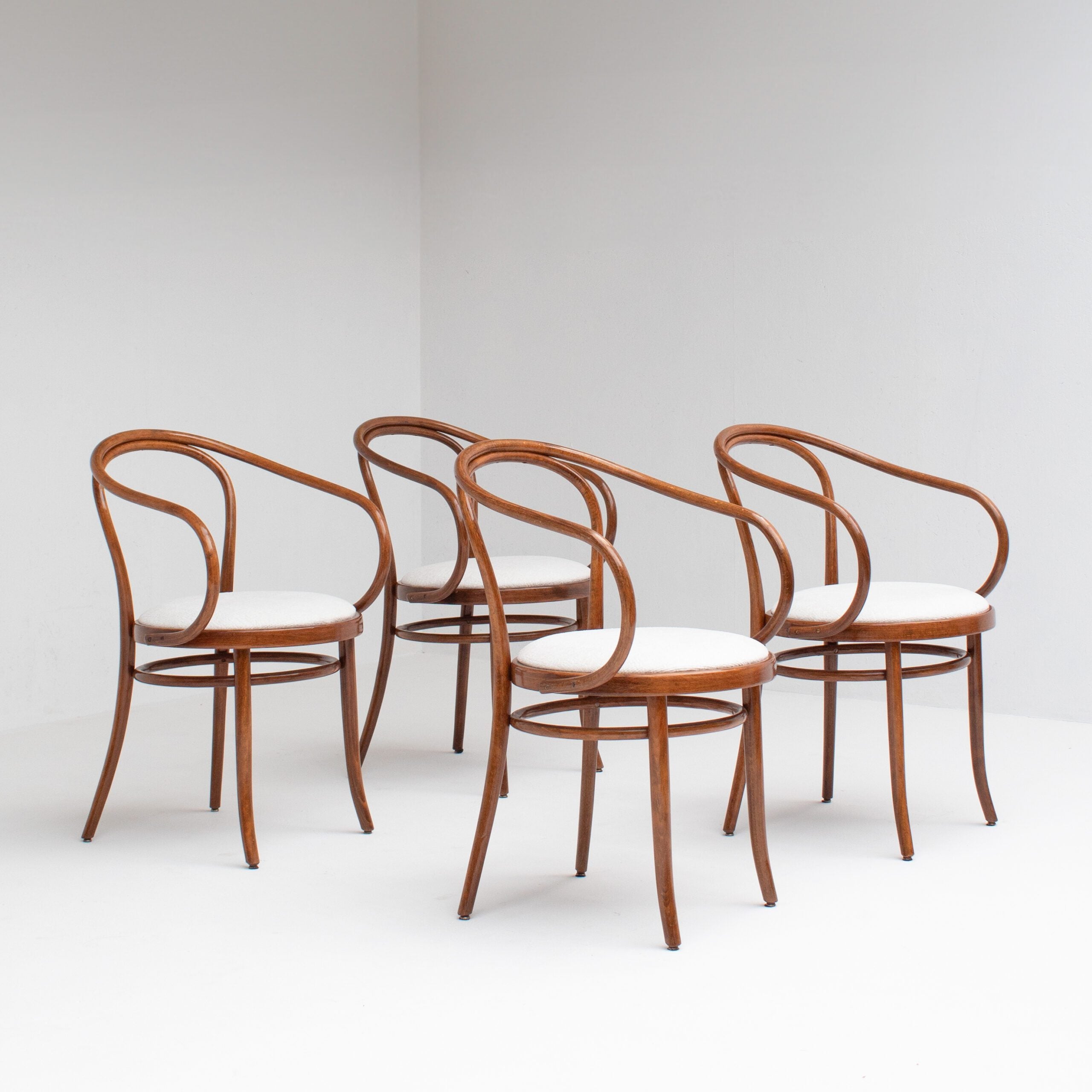Set of Four Thonet Bentwood Armchairs in Walnut with Bouclé Upholstery by Malata Antwerp | The Oblist