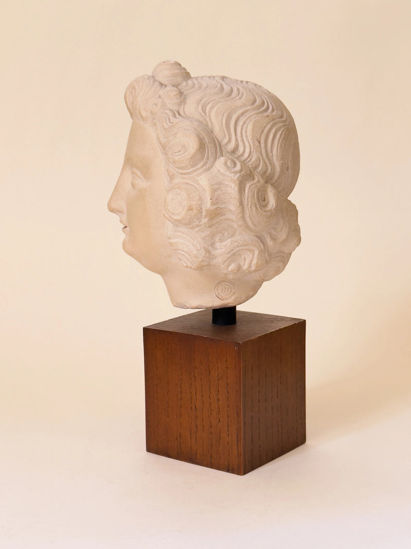 Plaster Sculpture on Wooden Base, c. 1920 — side profile showing detailed facial features