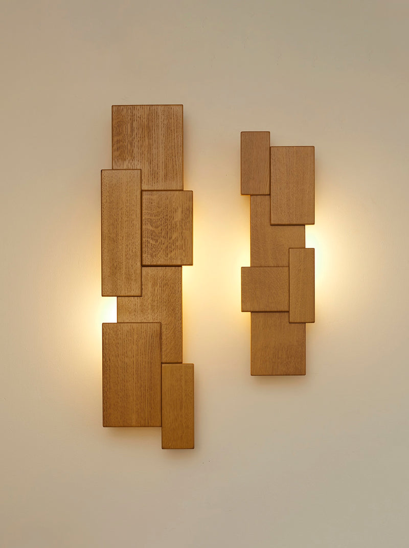 Vintage Set of Two French Oak Wood Sculptural Lamps Wall Lights C. 1980 by DIG IN JAPAN | The Oblist — oak wood, warm tones