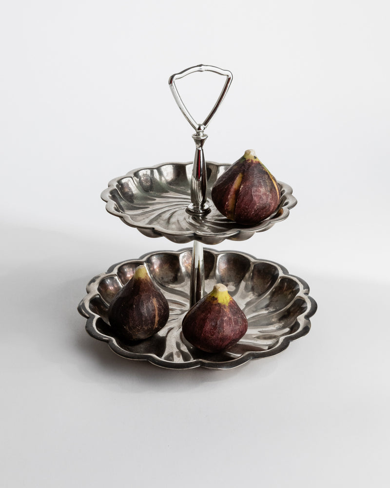 Vintage 1950s Silver Plated Étagère, 3 Level Design Italy — close-up with figs on two tiers
