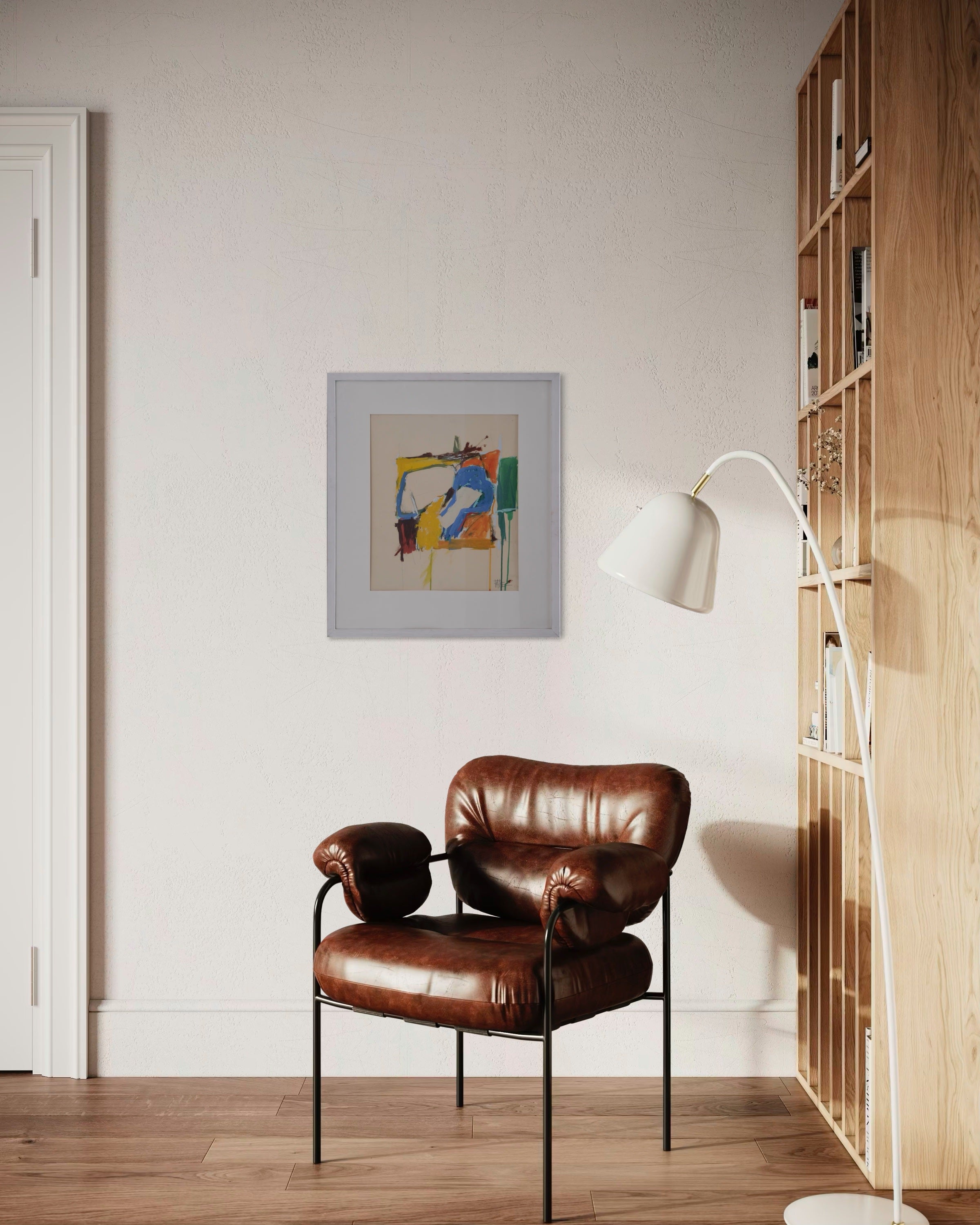 Leopold Fare Abstract Composition Painting | 1960s — framed in modern living room setting
