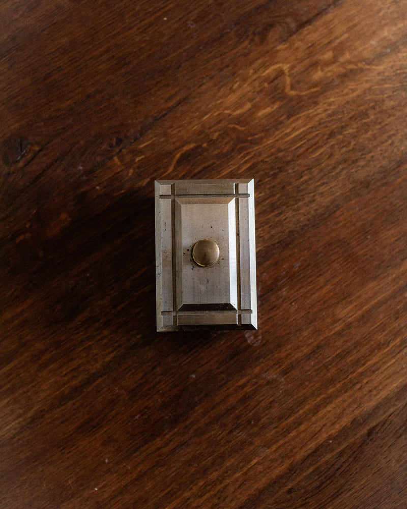 Industrial metal box with brass knob and geometric frame design