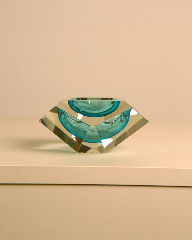 Turquoise Murano Glass "Diamond" Ashtray by Flavio Poli — close-up showing clear geometric edges