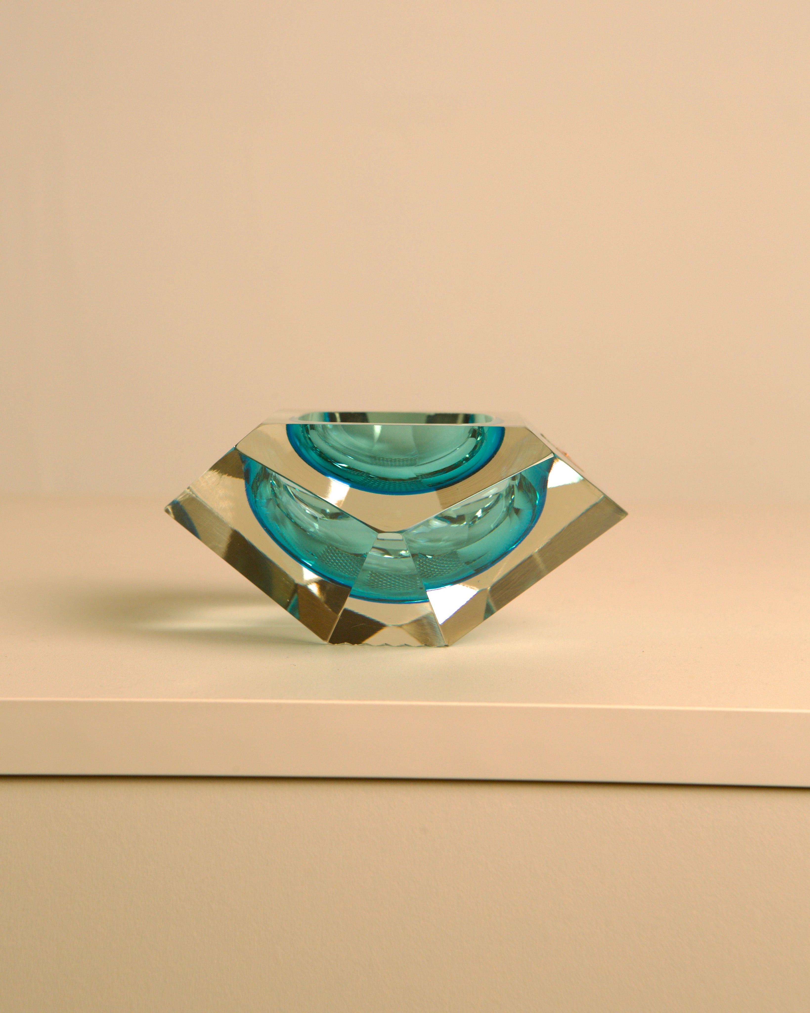 Turquoise Murano Glass "Diamond" Ashtray by Flavio Poli — close-up showing clear geometric edges