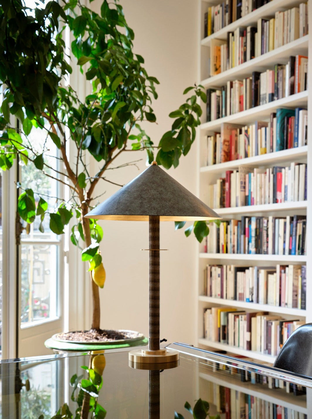 Louisa II Table Lamp — positioned on glass table with green plant