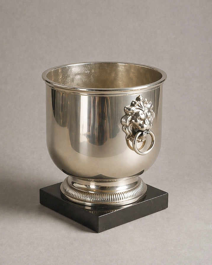 1950s Italian Vintage Brass Lion Head Bucket with Marble Base — side angle