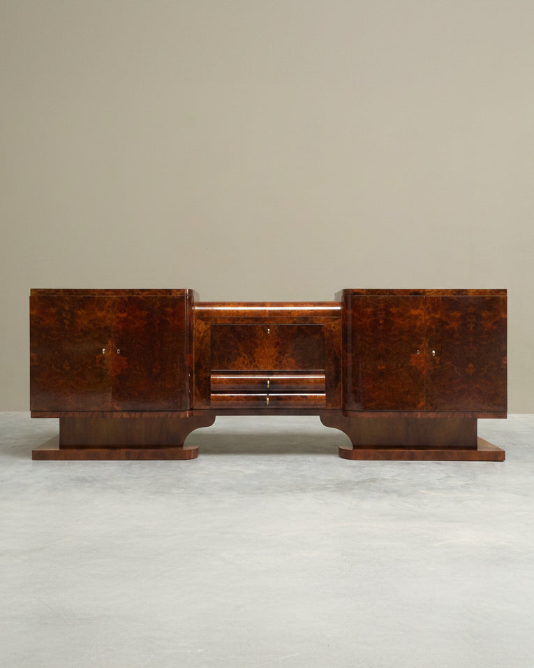 Exceptional De Coene Frères Art Deco Sideboard in Walnut and Burl Walnut Veneer Belgium 1930s — side angle