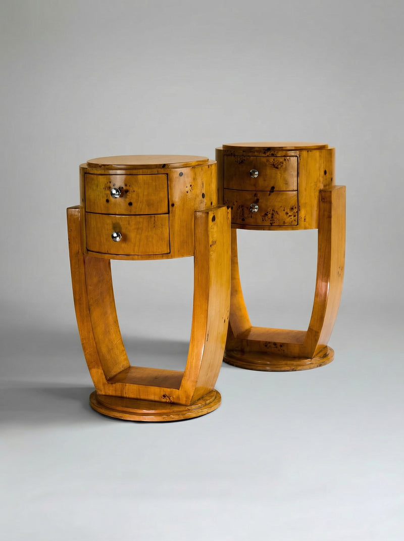 Guillemets' Olive Burl Wood Bedside Table — angled view highlighting curved wooden legs