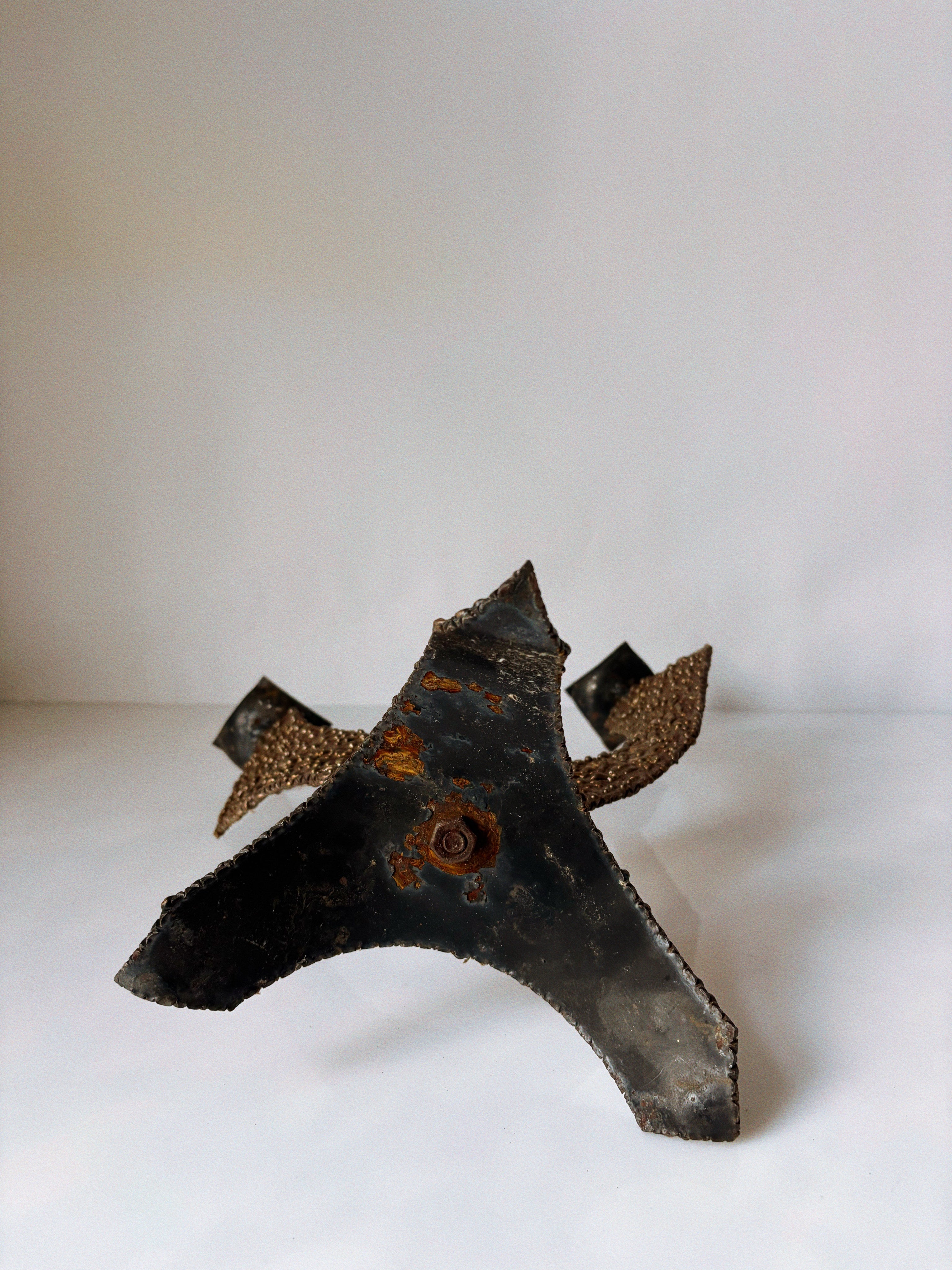 Brutalist 2 Arm Sculptural Metal Candlestick, Poland Mid Century  — close-up