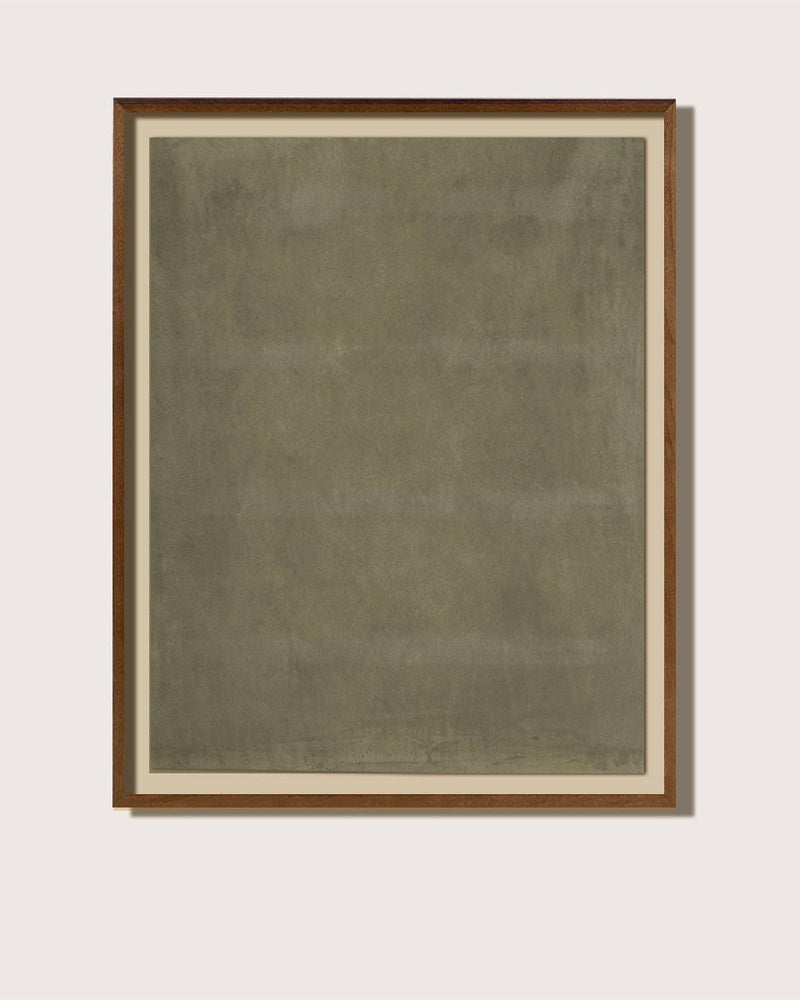 Deep Celadon abstract painting in muted green tones on raw canvas