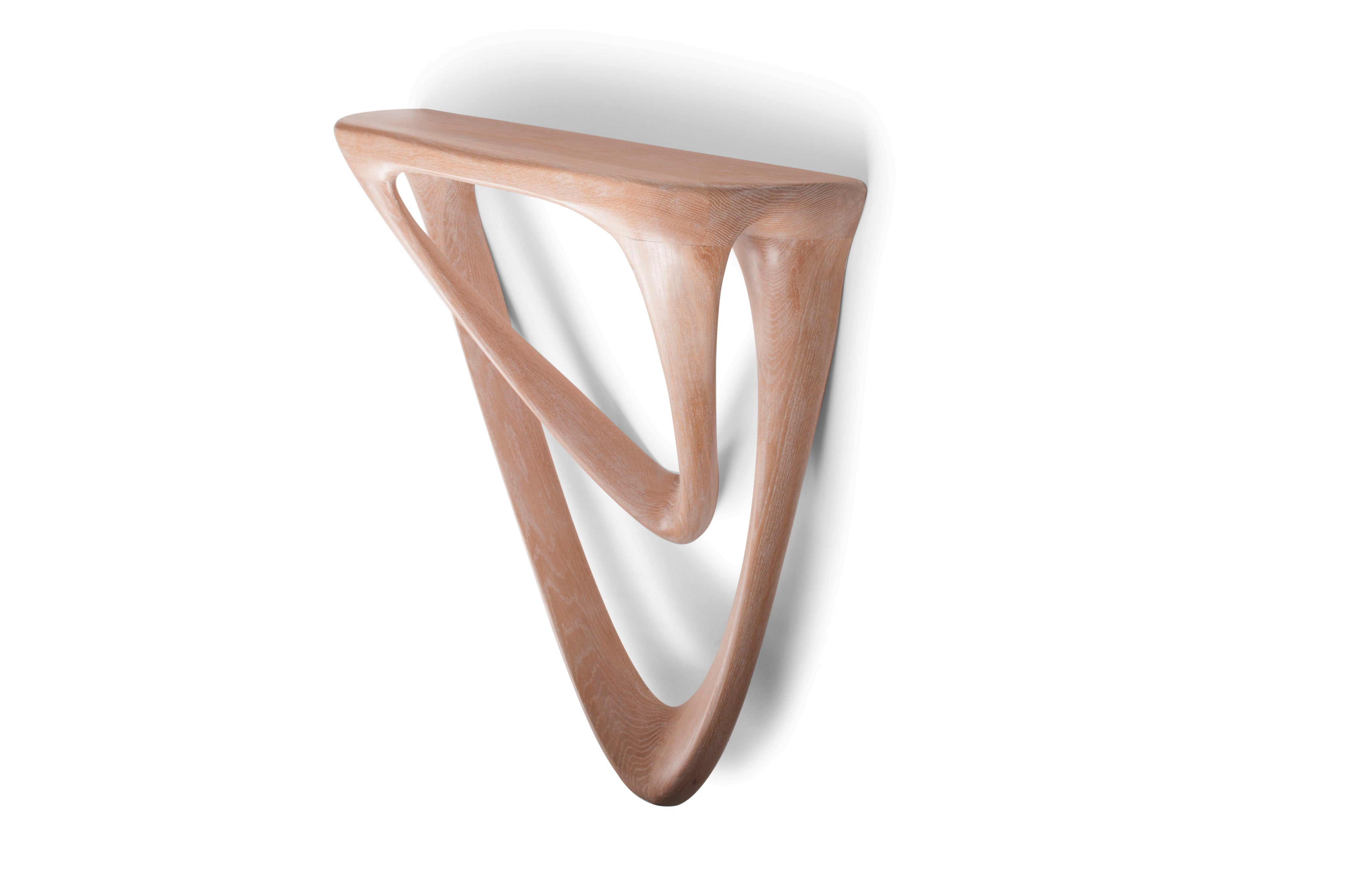 Sculptural Aras Wall mounted console table in White Oak Ceruse — side angle