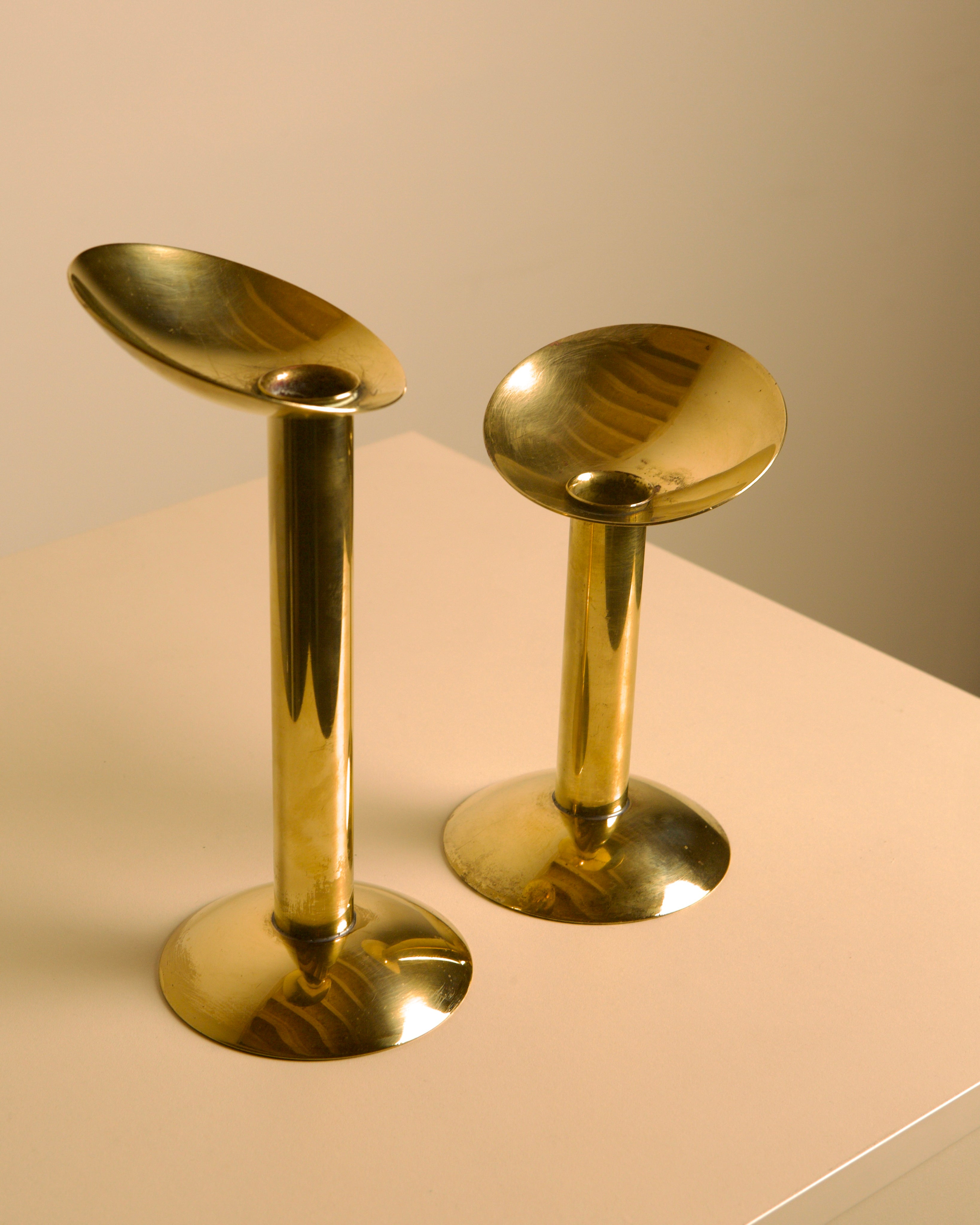 Pair of Danish Brass Candleholders 1960s — close-up of polished brass finish