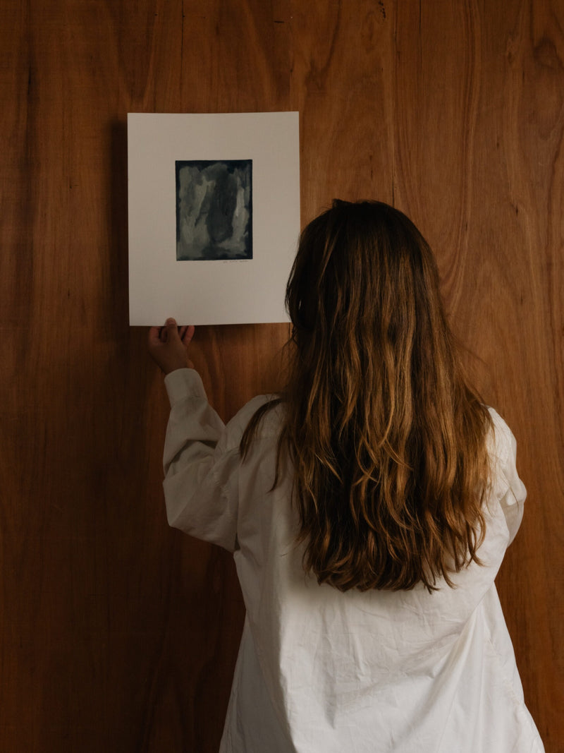 Oil painting on paper - 14 - by Aimée Adriaansen (2025) — person holding artwork against wooden wall
