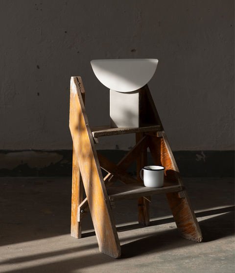 Reminder (001) – Table Lamp – Tall — back view on wooden ladder with white shade
