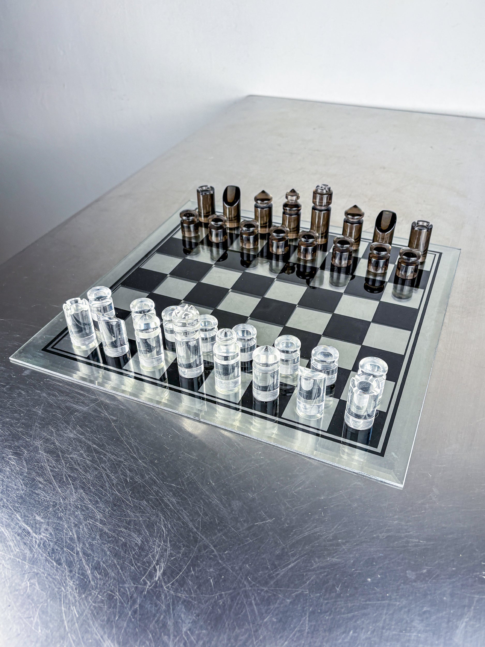 Felice Antonio Botta Acrylic Chessboard and glass board, Italy, 1970s — side angle