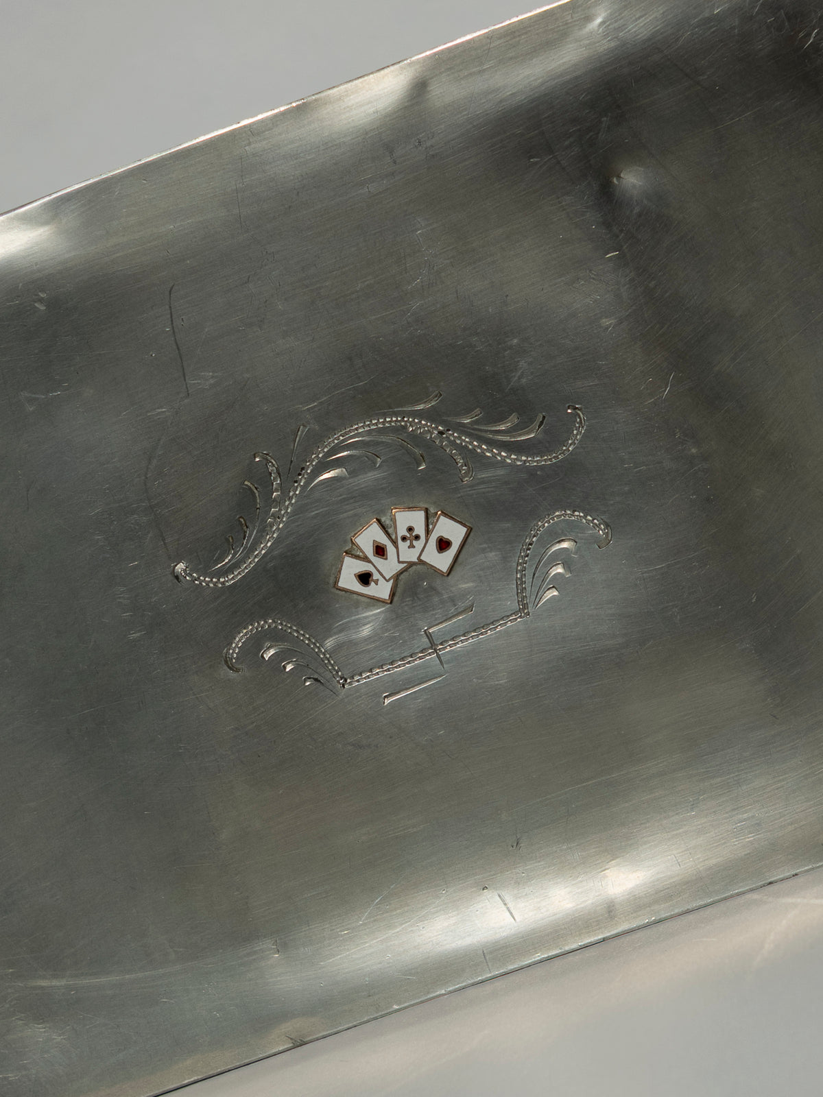 1931 Swedish Art Deco Pewter & Enamel Playing Card Box — lifestyle setting