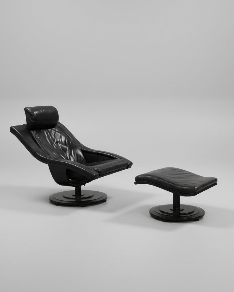 Swivel Lounge Chair and Ottoman by Takashi Okamura for Nelo Möbel Sweden by Introverso | The Oblist — black leather, modern d