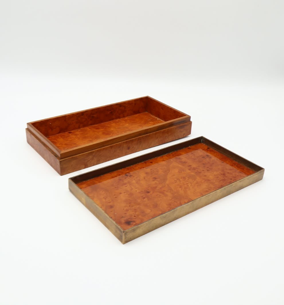 Italian 1970s Burl Wood and Brass Decorative Box — detail view