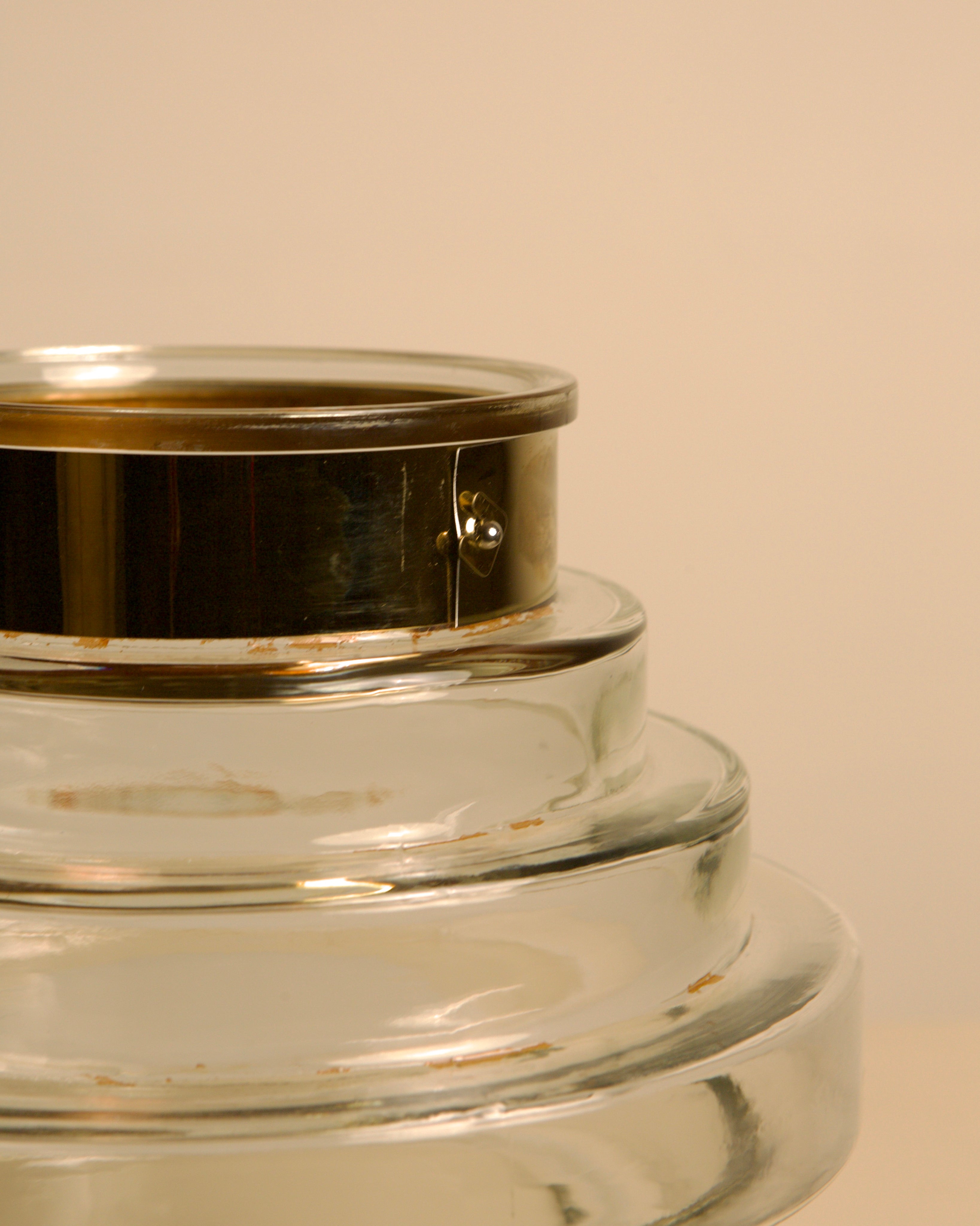 Italian Glass Vase with Brass Rim, 70s — side angle highlighting brass rim detail