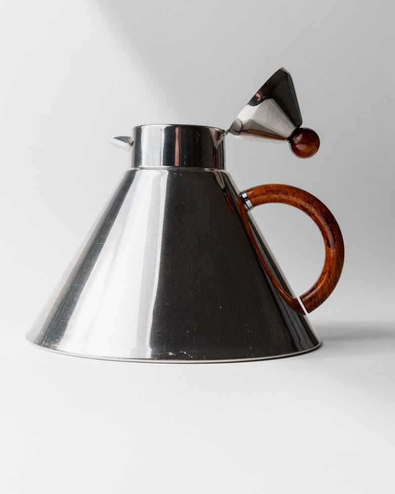 Vintage 1980s Stainless Steel Kettle, Geometric Design with Brown Handle Details — side view highlighting brown handle and sp